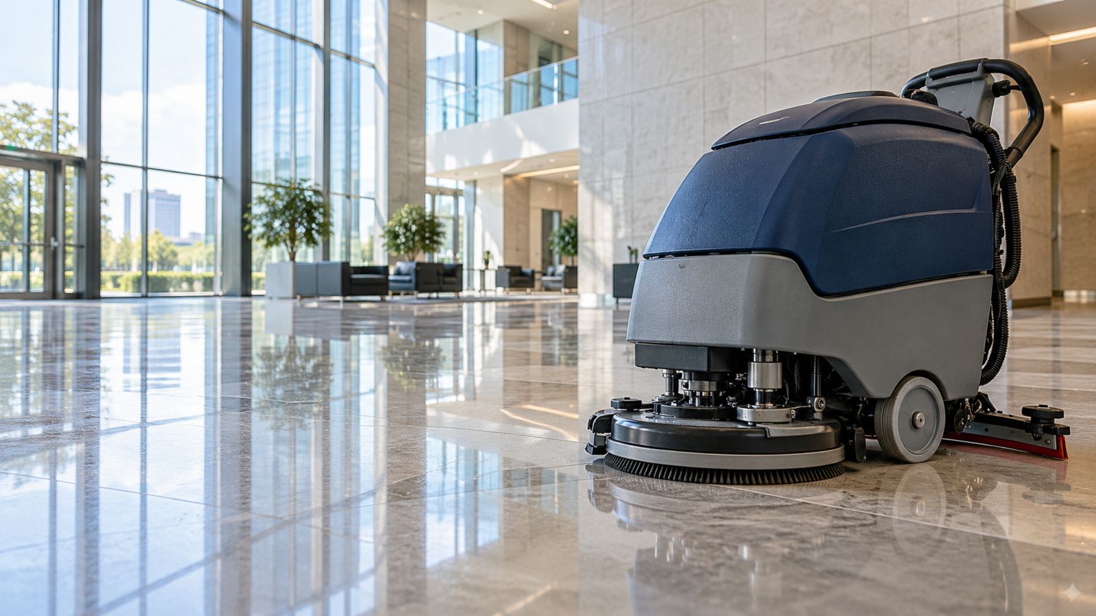 A floor scrubber on a polished lobby floor