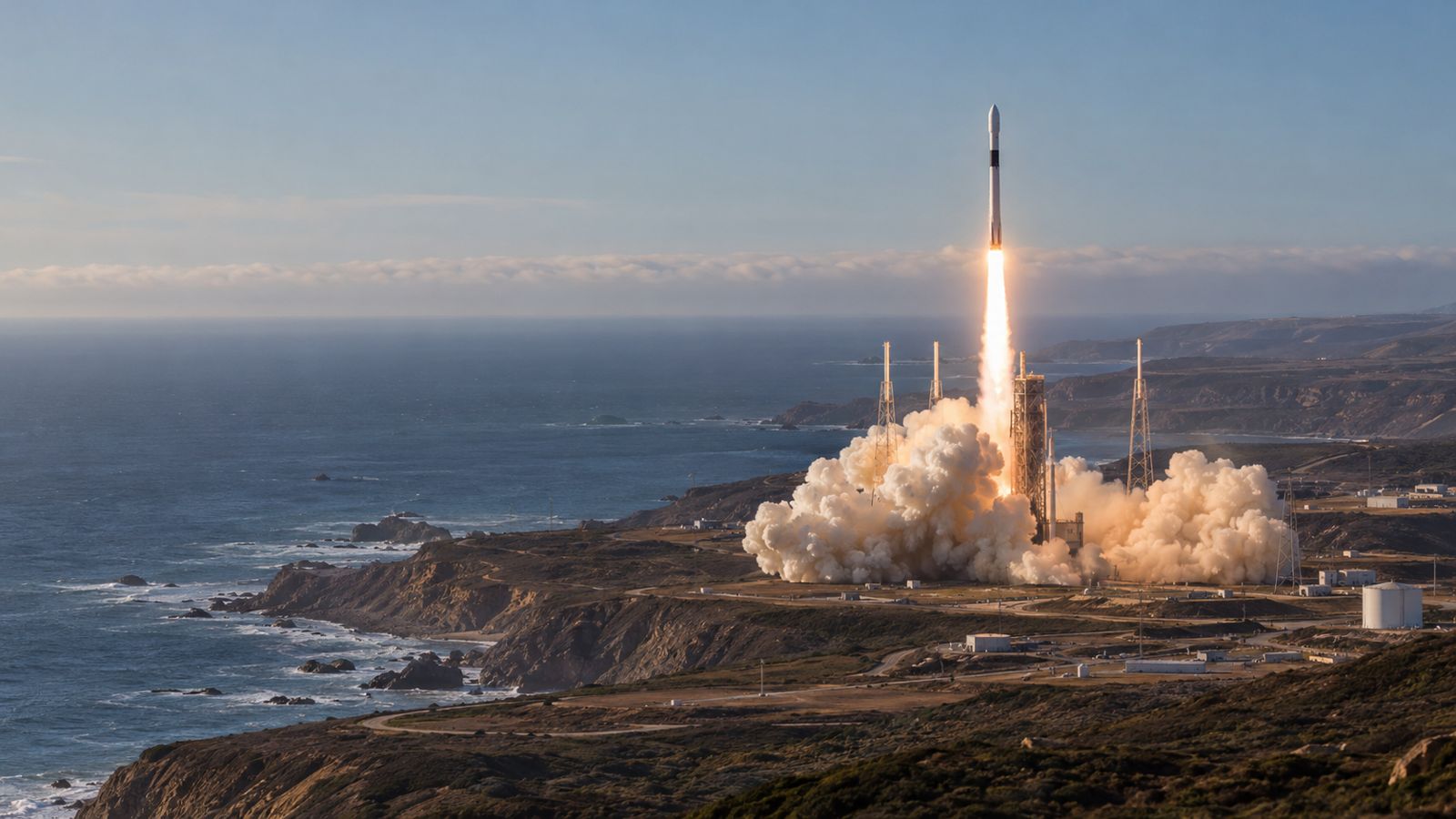 A rocket lifting off from a coastal launch site