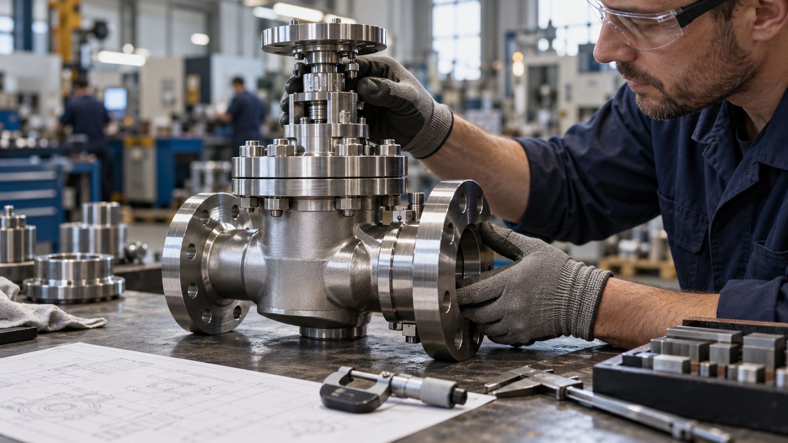 A machinist inspecting a precision valve assembly on a shop floor