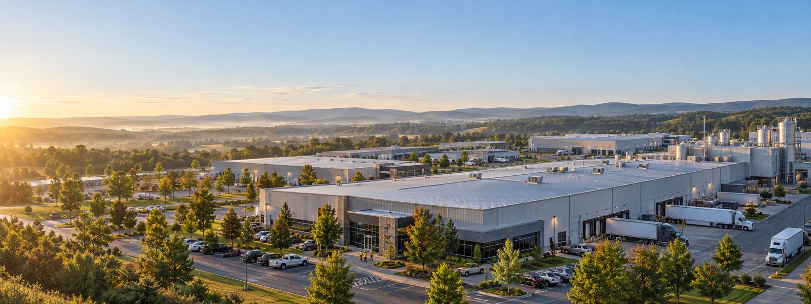 A manufacturing and distribution campus at sunrise